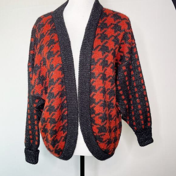 Jaeger London Cardigan Size L Mohair Houndstooth Silver Metallic Thread Vintage - Picture 1 of 13